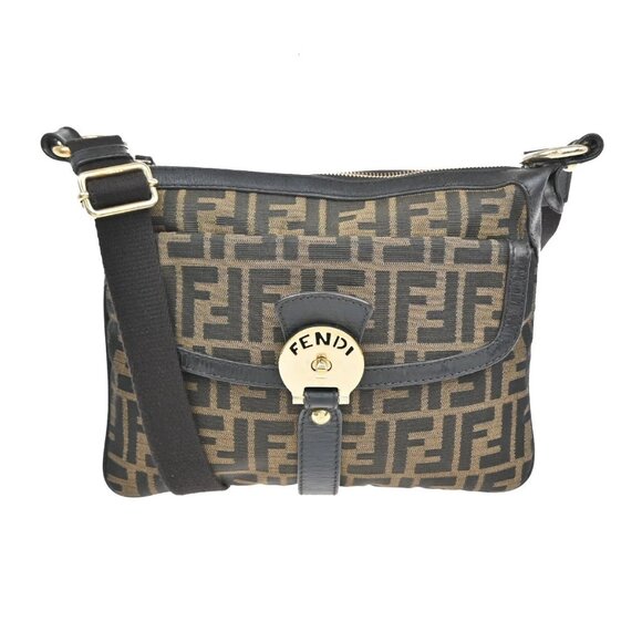 FENDI Logo Zucca Pattern Shoulder Bag Canvas Leather Brown Gold 85EF389 - Picture 1 of 16